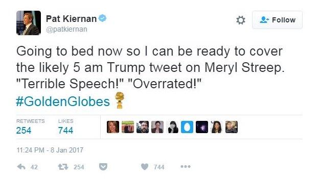 Pat Kiernan tweets: "Going to bed now so I can be ready to cover the likely 5 am Trump tweet on Meryl Streep. 'Terrible Speech!' Overrated!'".