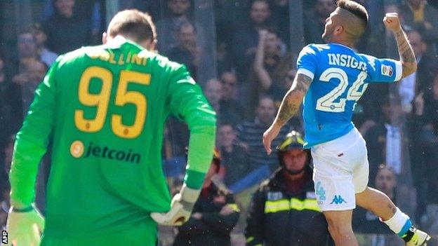 Lorenzo Insigne celebrates scoring for Napoli against Verona