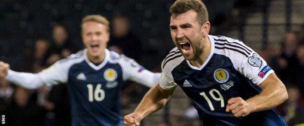 James McArthur celebrates his equalising goal for Scotland