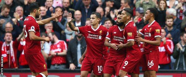 Liverpool team celebrate Salah's goal