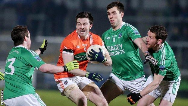 Armagh's Aidan Forker is surrounded by Fermanagh trio Che Cullen, Ryan Jones and Niall Cassidy