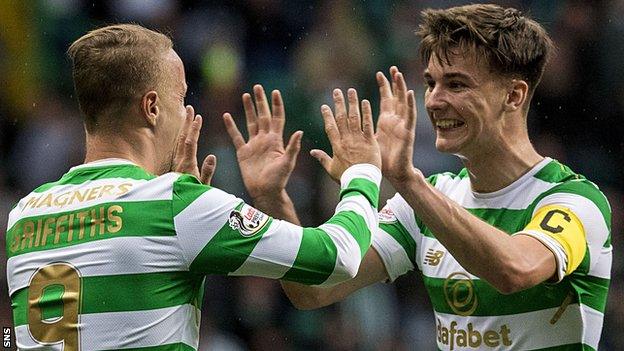 Celtic's Leigh Griffiths and Kieran Tierney celebrate against Kilmarnock