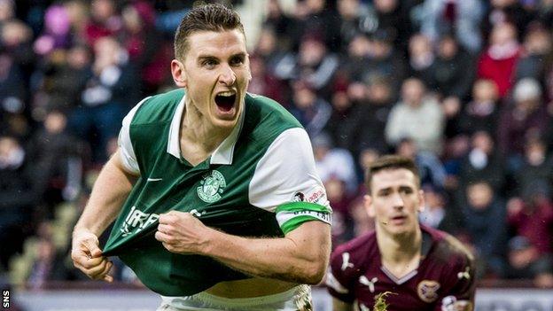 Hibs' Paul Hanlon celebrates against Hearts