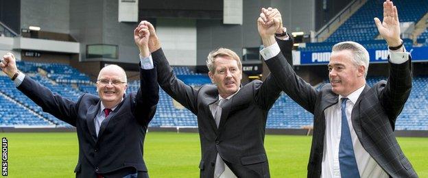 Dave King (centre) led a successful boardroom takeover at Ibrox in March