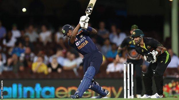 India's Hardik Pandya bats during the second Twenty20 against Australia in Sydney