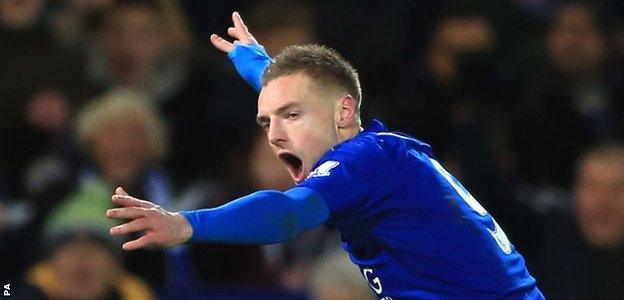 Jamie Vardy celebrates scoring against Liverpool