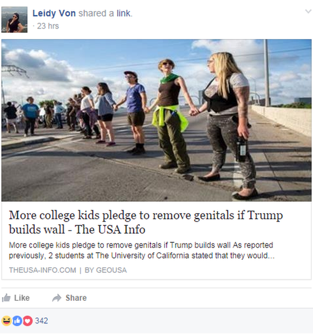 A story debunked by the urban legends website Snopes and others, headlined "More college kids pledge to remove genitals if Trump builds wall."