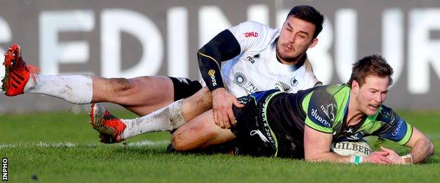 Kieran Marmion runs in Connacht's ninth try despite Lloyd Greeff's efforts