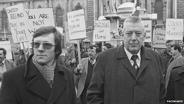 Peter Robinson with Ian Paisley at a protest in Belfast in 1981