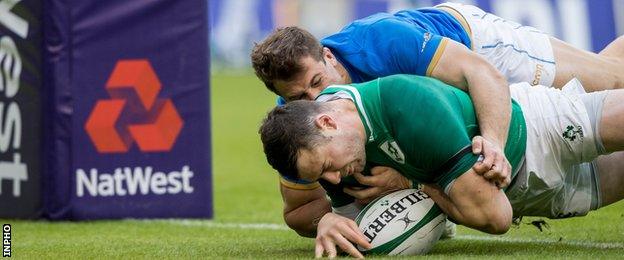 Centre Henshaw was injured while touching town for his second and Ireland's fifth try