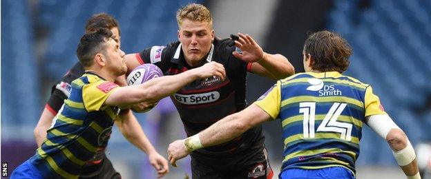 Duhan van der Merwe carries ball into contact for Edinburgh against Cardiff Blues