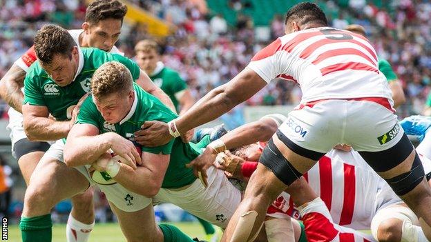 Dan Leavy goes over for Ireland's second try of the game against Japan