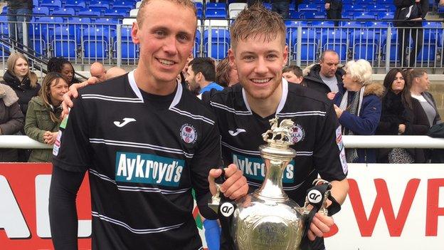 Bala goalscorers Kieran Smith and Jordan Evans celebrate with the Welsh Cup