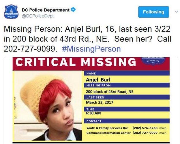 "Missing person: Angel Burl, 16"