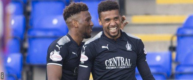 Myles Hippolyte congratulates Nathan Austin on his goal