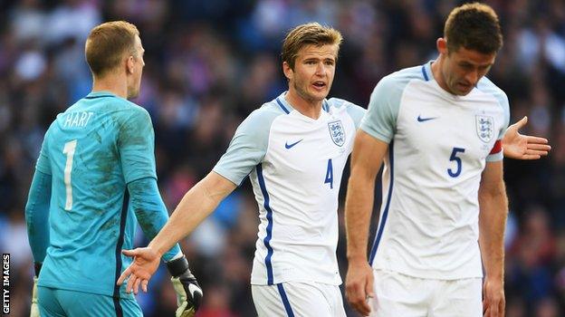 England keeper Joe Hart (left), defensive midfielder Eric Dier (centre) and central defender Gary Cahill