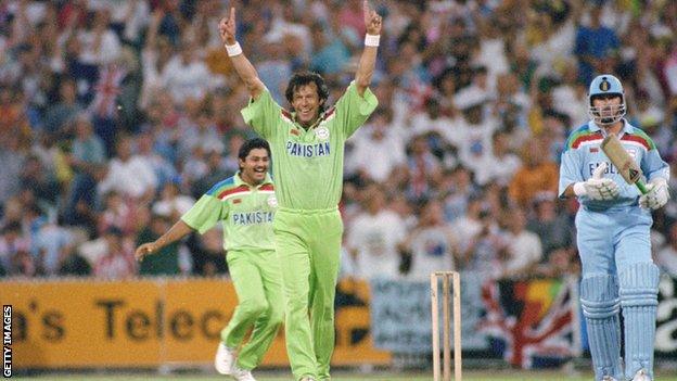 Former Pakistan captain celebrates winning the 1992 Cricket World Cup