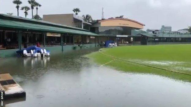 A pool of water on the edge of the outfield at the P Sara Oval in Colombo, which forced England against a Sri Lanka Cricket XI to be abandoned