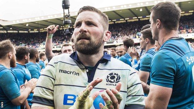 Captain John Barclay applauds the crowd after Scotland's win