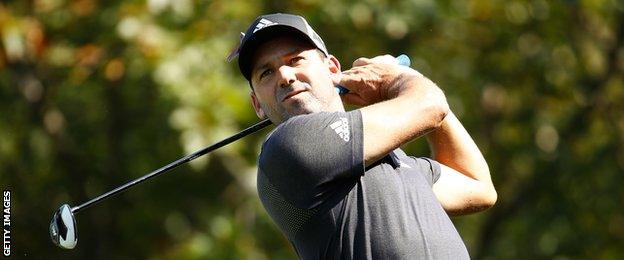 Sergio Garcia of Spain hits his tee shot on the ninth hole during the second round of the BMW Championship at Conway Farms Golf Club on September 15, 2017 in Lake Forest, Illinois.