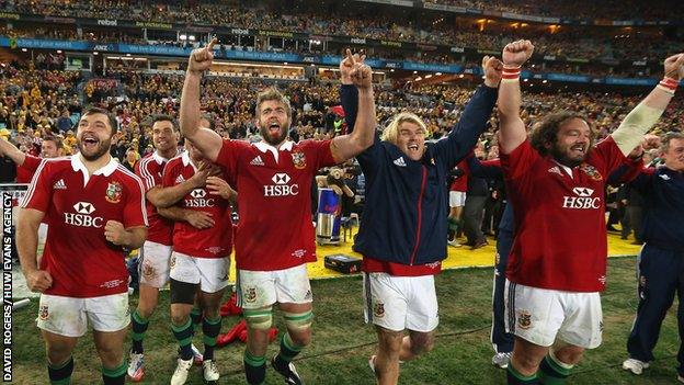 Alex Corbisiero (L), Geoff Parling, Richard Hibbard and Adam Jones (R) celebrate after their victory during the International Test match between the Australian Wallabies and British & Irish Lions at ANZ Stadium on July 6, 2013 in Sydney, Australia.