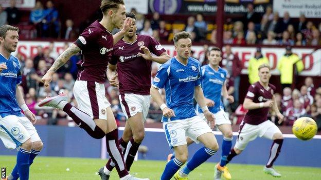 Sam Nicholson scores Hearts' winning goal