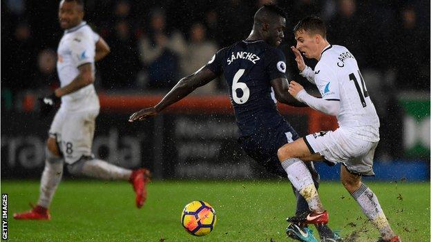 Spurs' Davinson Sanchez makes a challenge