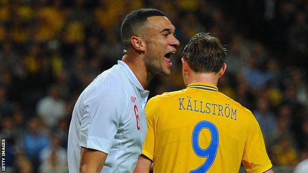 Steven Caulker celebrates his goal for England against Sweden