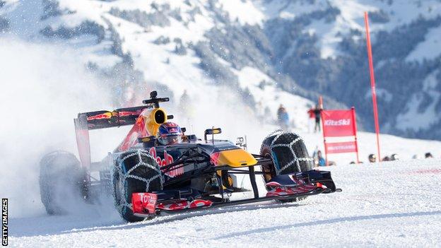 Max Verstappen drives a Red Bull F1 car on the ski slopes of Kitzbuhel