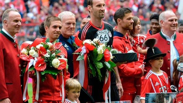 Captain Philipp Lahm and midfielder Xabi Alonso say farewell to Bayern Munich