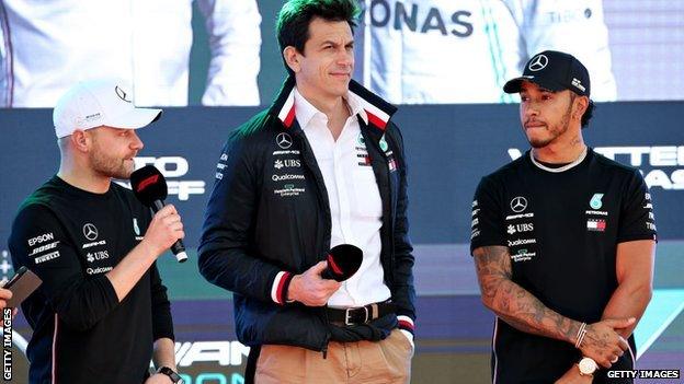 Valtteri Bottas, Toto Wolff and Lewis Hamilton