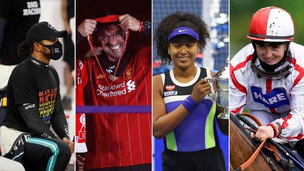 Formula 1 world champion Lewis Hamilton (left), Liverpool manager Jurgen Klopp (second left), US Open champion Naomi Osaka and jockey Hollie Doyle