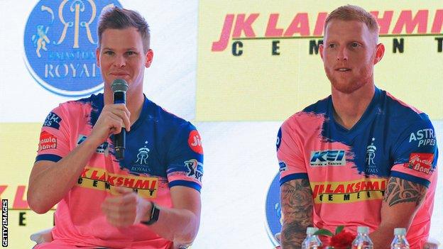 Steve Smith (left) and Ben Stokes (right) address the media at the unveiling of the 2019 Rajasthan Royals Indian Premier League team