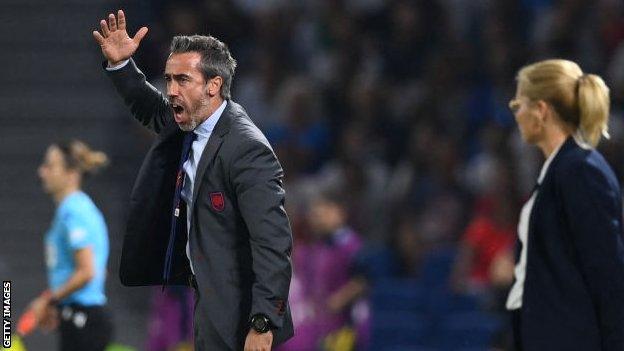 Spain's head coach Jorge Vilda (L) reacts during the Uefa Women's Euro 2022 quarter final between England and Spain at the Brighton & Hove Community Stadium