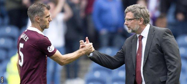 Hearts defender Aaron Hughes and manager Craig Levein shakes hands