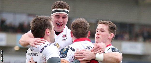 Jared Payne, Rob Herring, Darren Cave and Craig Gilroy celebrate one of Ulster's eight tries in the 56-3 win over Oyonnax