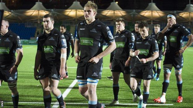 Glasgow Warriors players after defeat by Montpellier