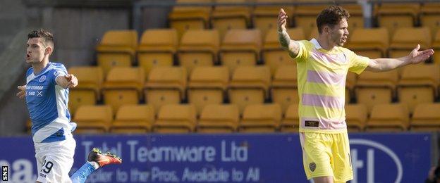 St Johnstone's Graham Cummins celebrates his goal as Hearts claim for offside