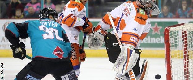 Belfast Giants' Patrick Dwyer scoring the winning goal against Sheffield Steelers