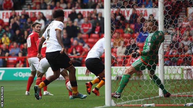 Abel Hernandez celebrates his goal at Forest