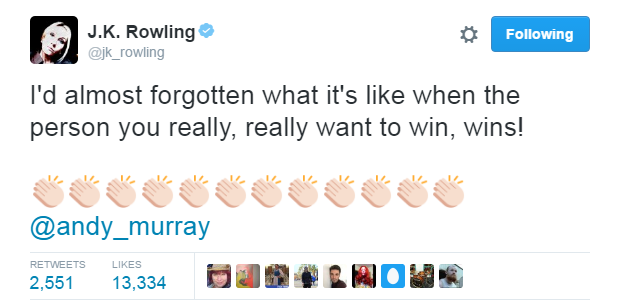 JK Rowling tweets: "I'd almost forgotten what it's like when the person you really, really wan to win, wins! @andy_murray"