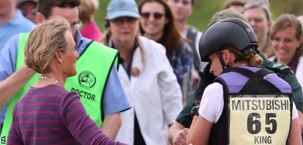 Emily King (right) with mother Mary King after Brookleigh falls at a fence