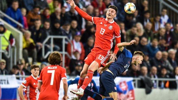 Kieffer Moore of Wales and Peter Pekarik of Slovakia compete for the ball