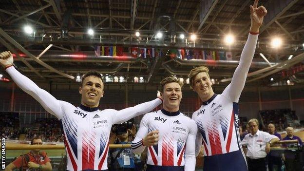 (l-r) Ryan Owens, Jack Carlin and Joe Truman after winning in Scotland