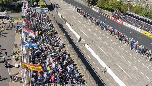 View of spectators on the TT grandstand from above