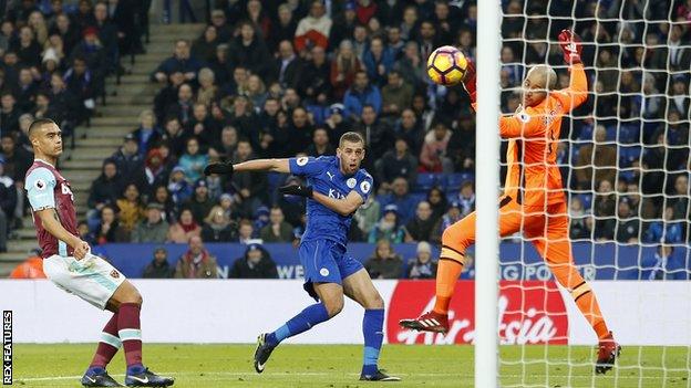 Islam Slimani heads Leicester City into the lead against West Ham