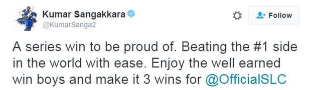 Former Sri Lanka skipper Kumar Sangakkara sent his congratulations to his compatriots after their win