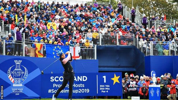 Georgia Hall tees off at the Solheim Cup