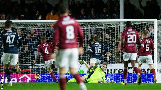 Raith's Sam Stanton (R) makes it 1-0 during a cinch Championship match between Arbroath and Raith Rovers at Gayfield