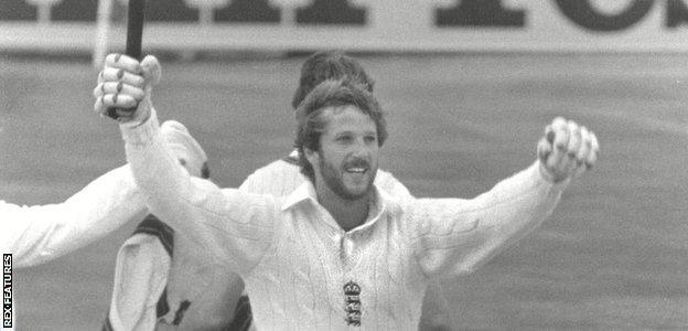 Ian Botham celebrates his second-innings century in the 1981 Ashes Test at Headingley